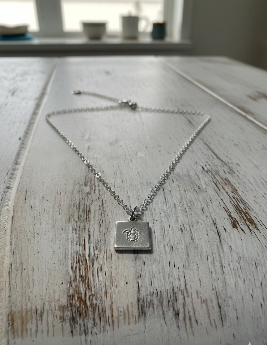 Sea Turtle Tortoise Necklace Pendant Square Tiny Minimalist Metal Gold Silver Boho Metal Stamped Engraved