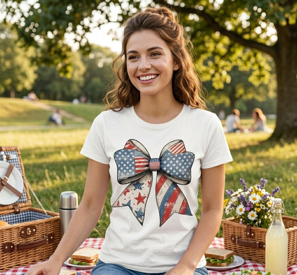 Sparkling Patriotic Star Bow Shirt - Glitter 4th of July Coquette Bow - USA Bow Top - Plus Size Patriotic Apparel - Memorial Day Star Spangled Outfit