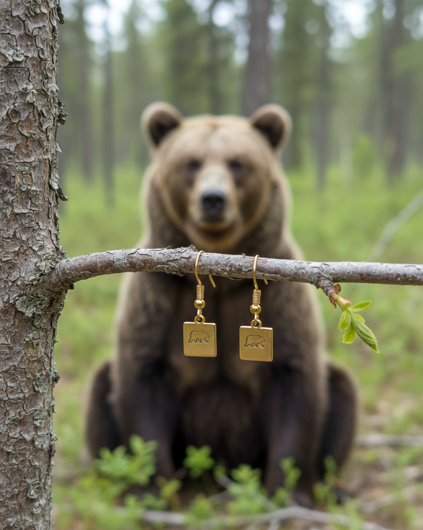 Grizzly Brown Mama Bear Earrings Small Dainty Simple Square Dangle Drop Simple Gold Silver Stamp Etched Handmade Engraved