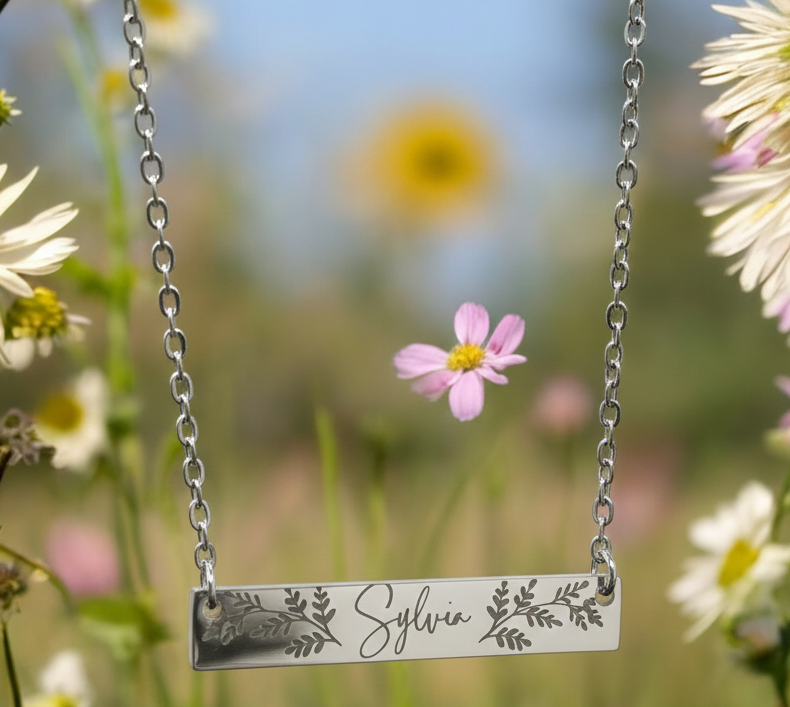 Botanical Name Bar Personalized Necklace Leaves Rectangle Gold Silver Stainless Metal