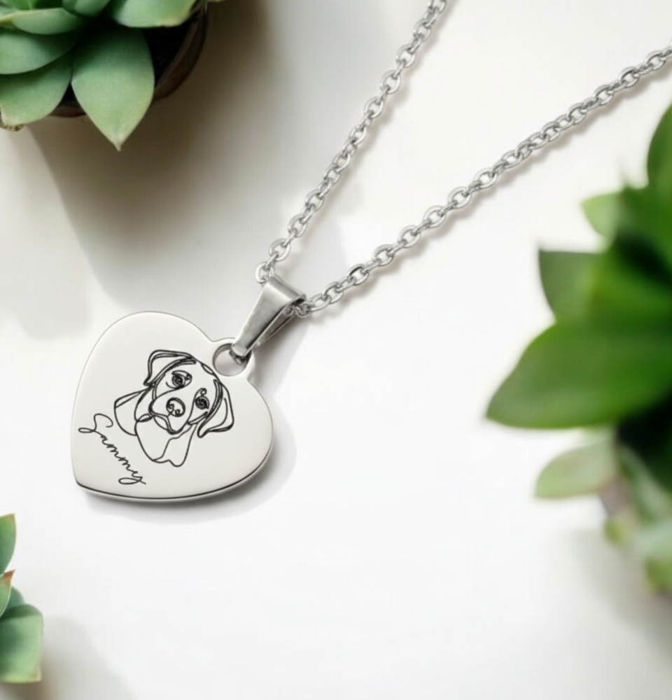 Dog Face Line Art Name Necklace Drawing Personalized Custom Heart Puppy Dog Mom Dog Mama Dog Charm Gold Silver Metal