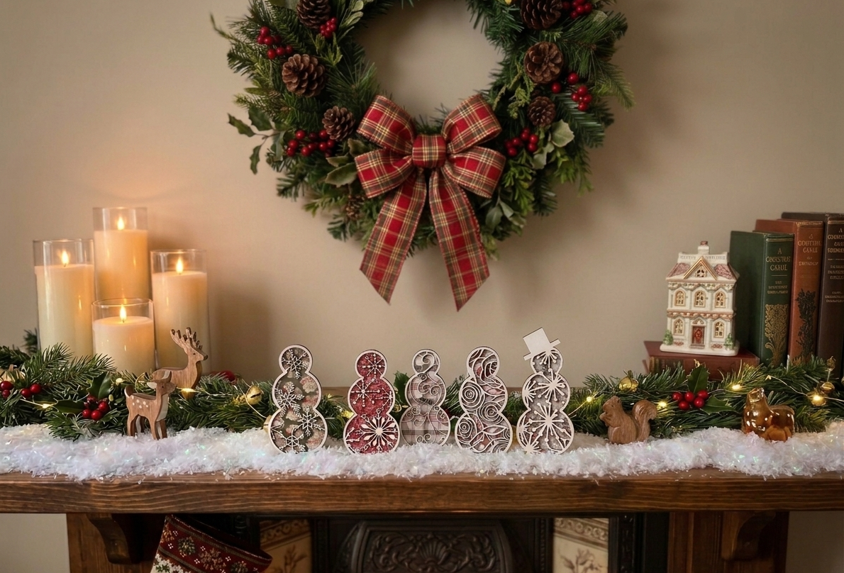 Wood Snowman Set Boho Floral Snowflake Handmade Custom Christmas Holiday Snow Winter Decor Handmade