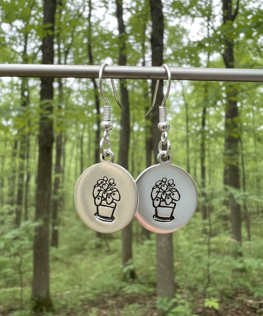 Houseplant Dangle Earrings Money Plant In a Pot Metal Silver Gold Hand Stamped Circle Coin DiscHandmade
