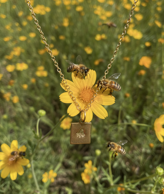 Honeybee Bee Wasp Bug Insect Necklace Pendant Square Tiny Minimalist Metal Gold Silver