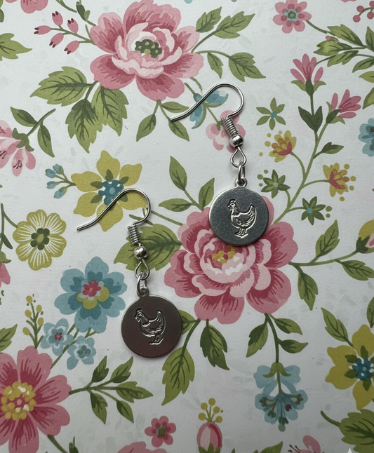 Chicken Earring Mama Mom Coin Circle Disc Dangle Drop Simple Gold Silver Stamp Etched Engraved Handmade