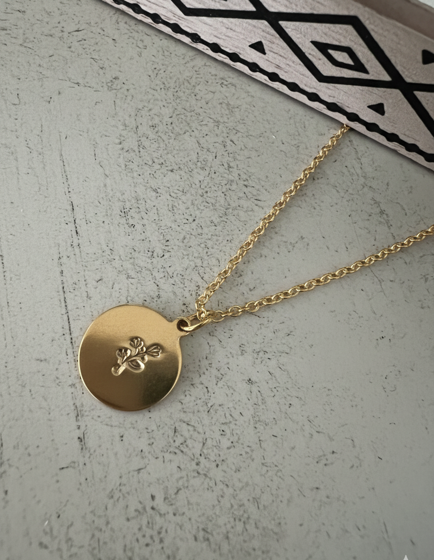Wildflower Tulip Floral Flower Leaf Necklace Circle Coin Disc Engraved Etched Silver Gold Pendant Metal Handmade Personalized Stamped Custom