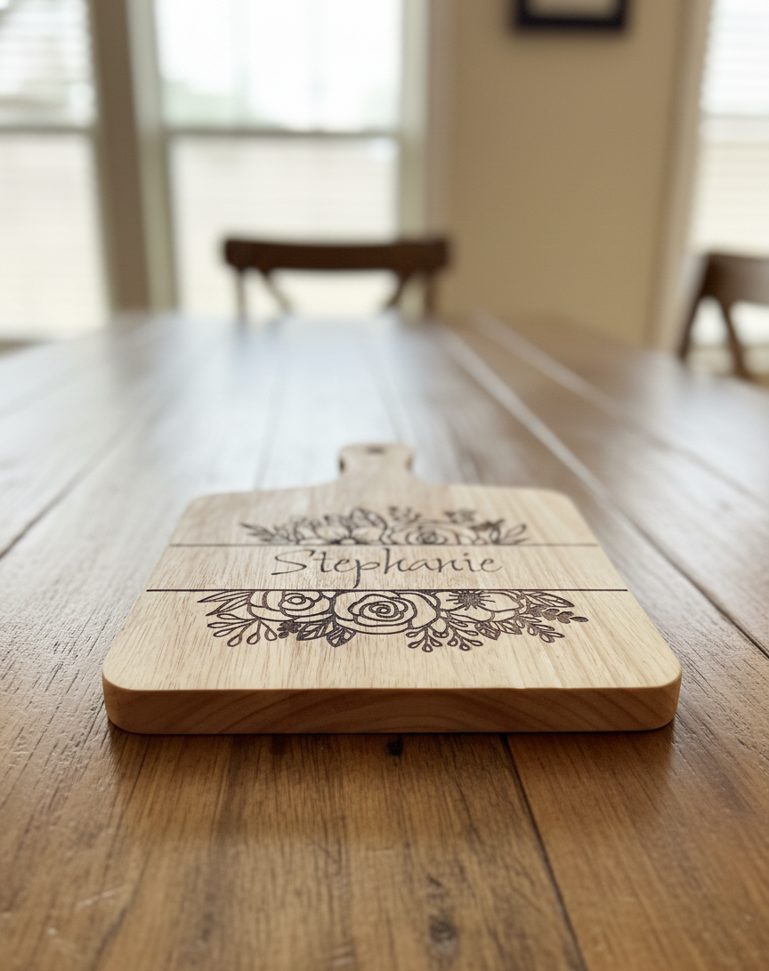 Square Cutting Board Personalized Family Name Oak Wood Engraved Flowers Floral Sunflower Roses Kitchen Charcuterie Board Cheese Platter Serving Tray