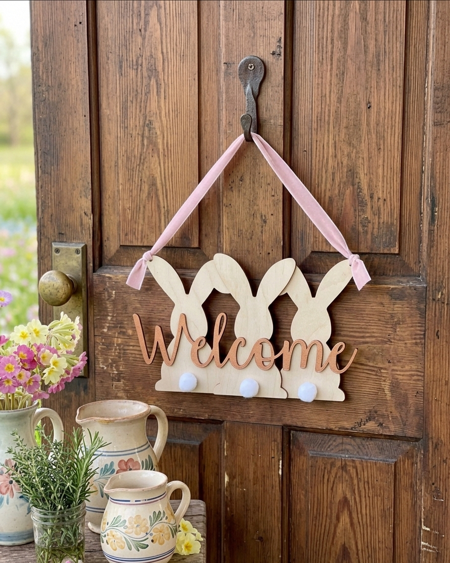 Wooden Welcome Bunny Sign - Rustic Easter Door Hanger with Cotton Tails and Pink Ribbon - 3D Layered Spring Home Decor