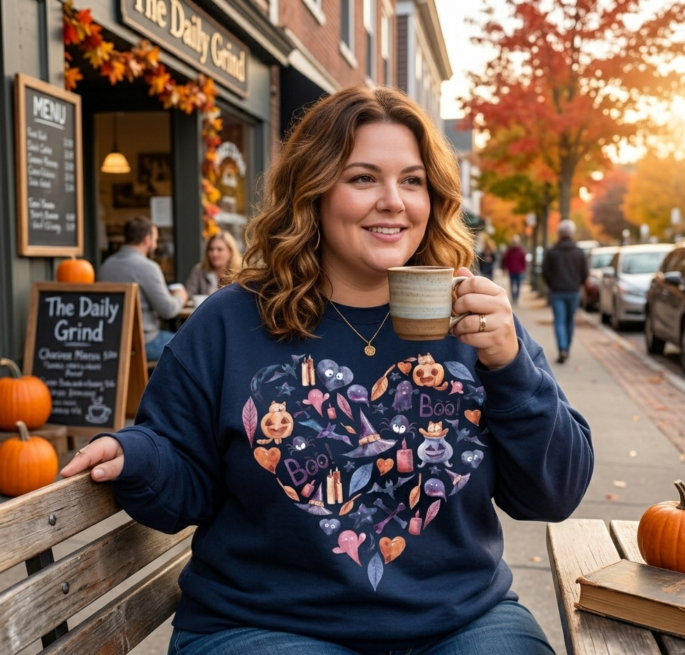 Halloween Fall Autumn Witch Leaves Pumpkin Heart Ghost Boo Watercolor Comfort Crew Neck T-Shirt