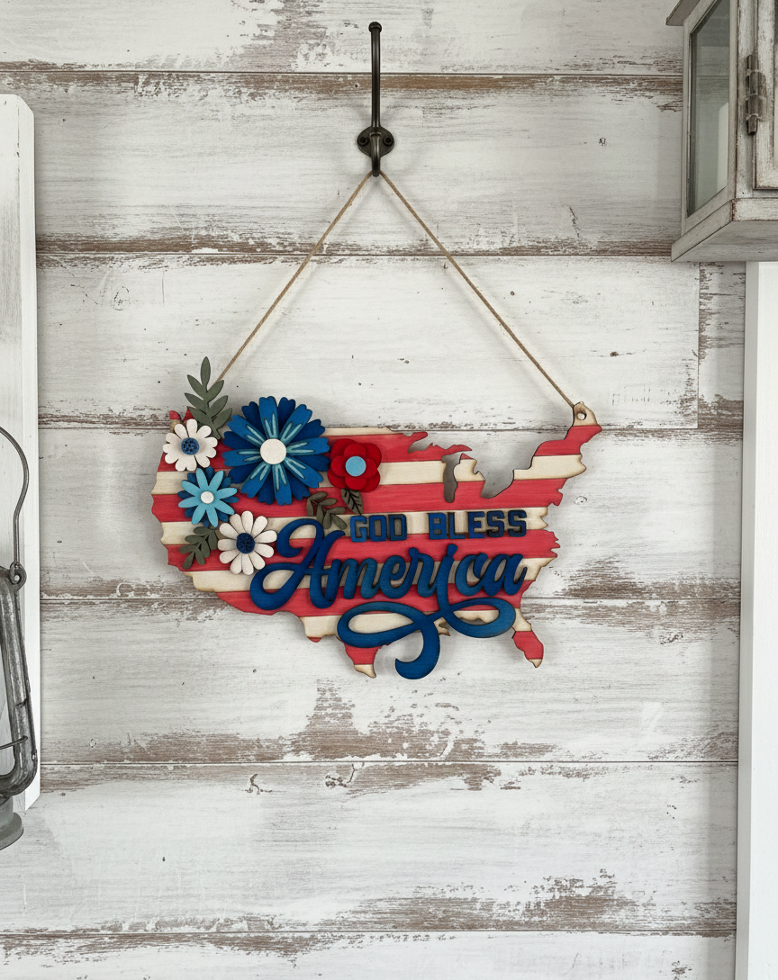 God Bless America Wood Door Sign Wall Sign Home Decor 4th of July Patriotic Memorial Day American Flag Floral Red White Blue