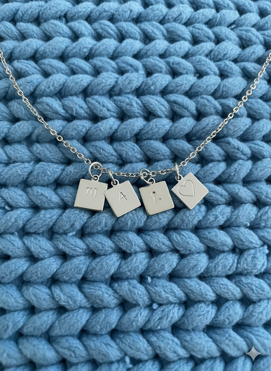 Initial Charm Square Heart Necklace Personalized Tiny Small Etched Stamped Handmade Minimalist Boho Mothers Necklace Couples Necklace