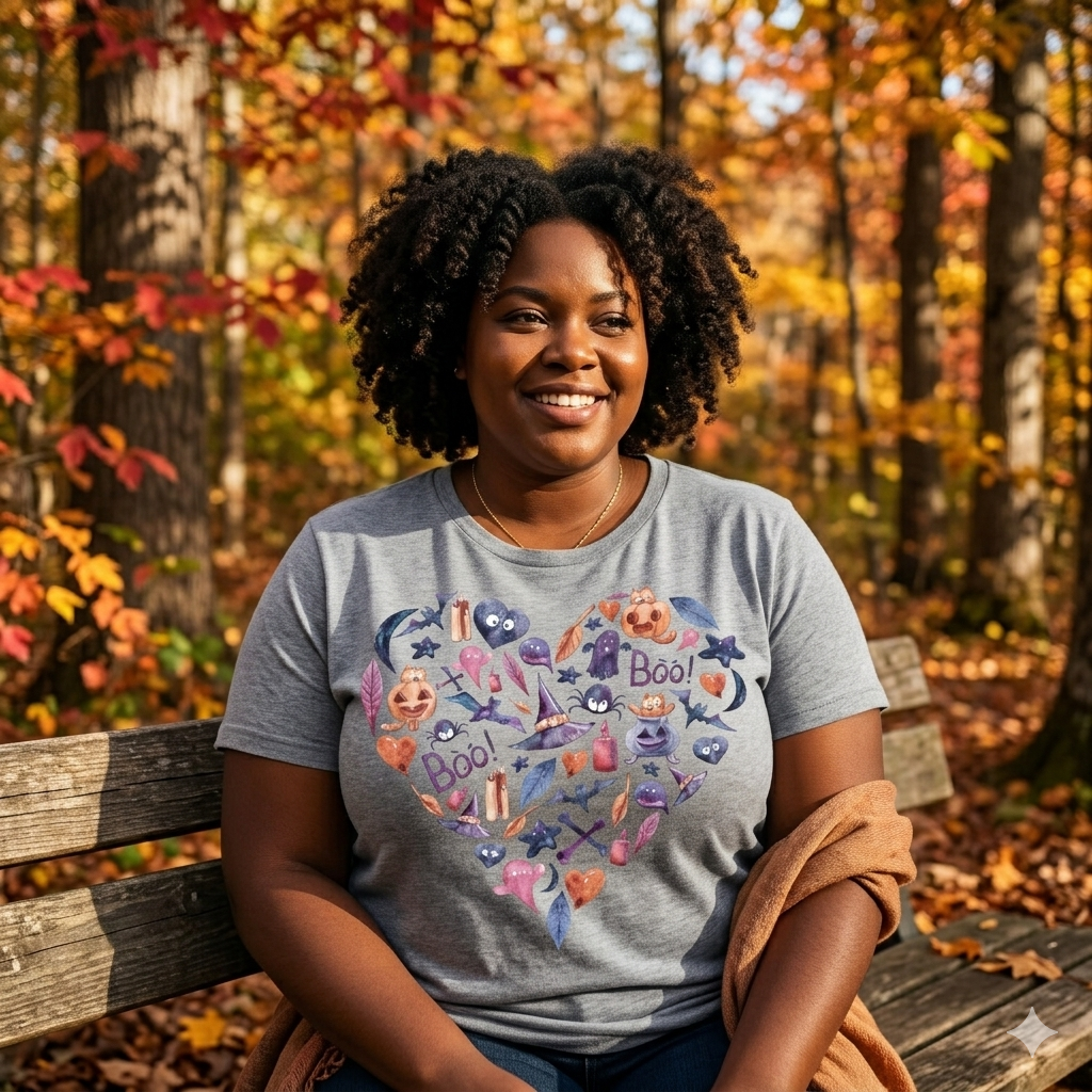 Halloween Fall Autumn Witch Leaves Pumpkin Heart Ghost Boo Watercolor Comfort Crew Neck T-Shirt