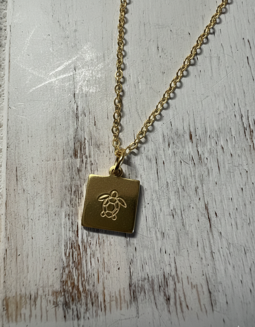 Sea Turtle Tortoise Necklace Pendant Square Tiny Minimalist Metal Gold Silver Boho Metal Stamped Engraved