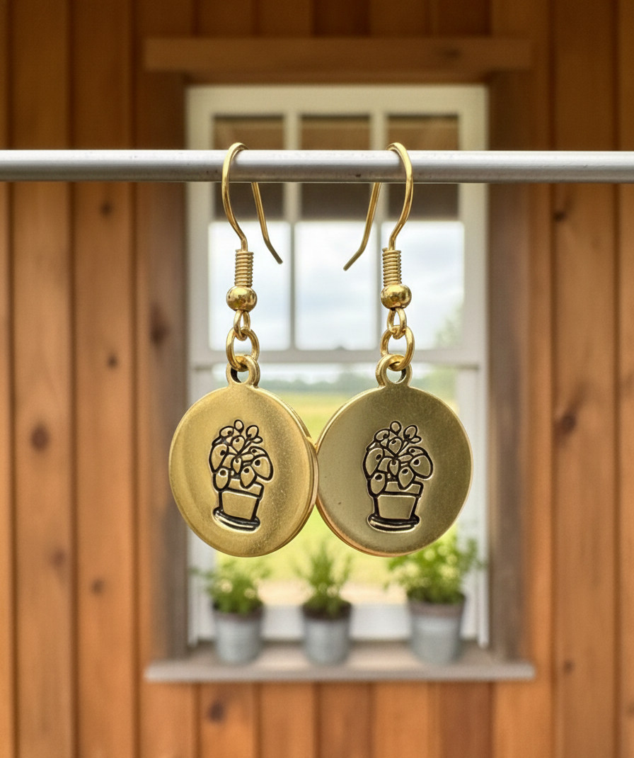 Houseplant Dangle Earrings Money Plant In a Pot Metal Silver Gold Hand Stamped Circle Coin DiscHandmade