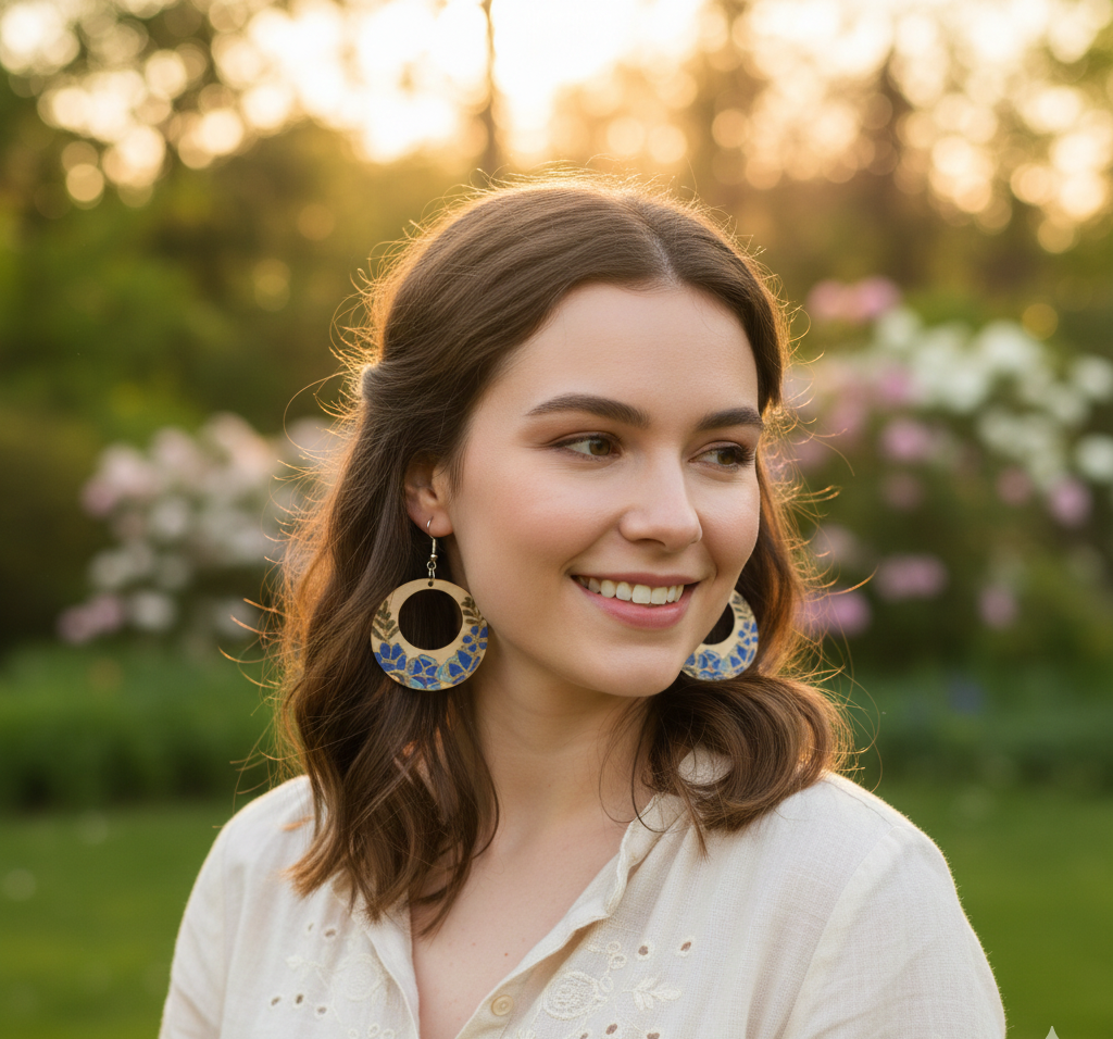 Hand Painted Floral Spring Wood Dangle Earrings Round Column Natural Boho Botanical Flower