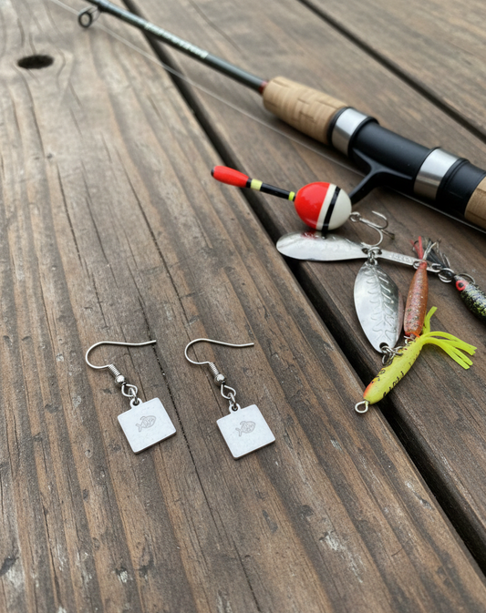 Fish Bass Small Dainty Simple Square Metal Earring Dangle Drop Simple Gold Silver Stamp Etched Handmade