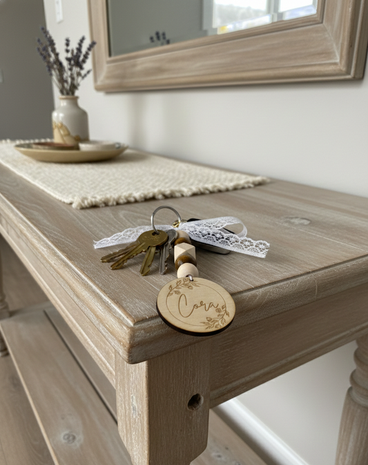 Wood Bead Name Keychain Personalized Bag Tag Charm Car Mirror Floral Botanical Lace Boho