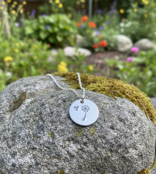 Dandelion Flower Pendant Necklace Metal Round Disc Coin Silver Gold Stamped Jewelry Metal Engraved