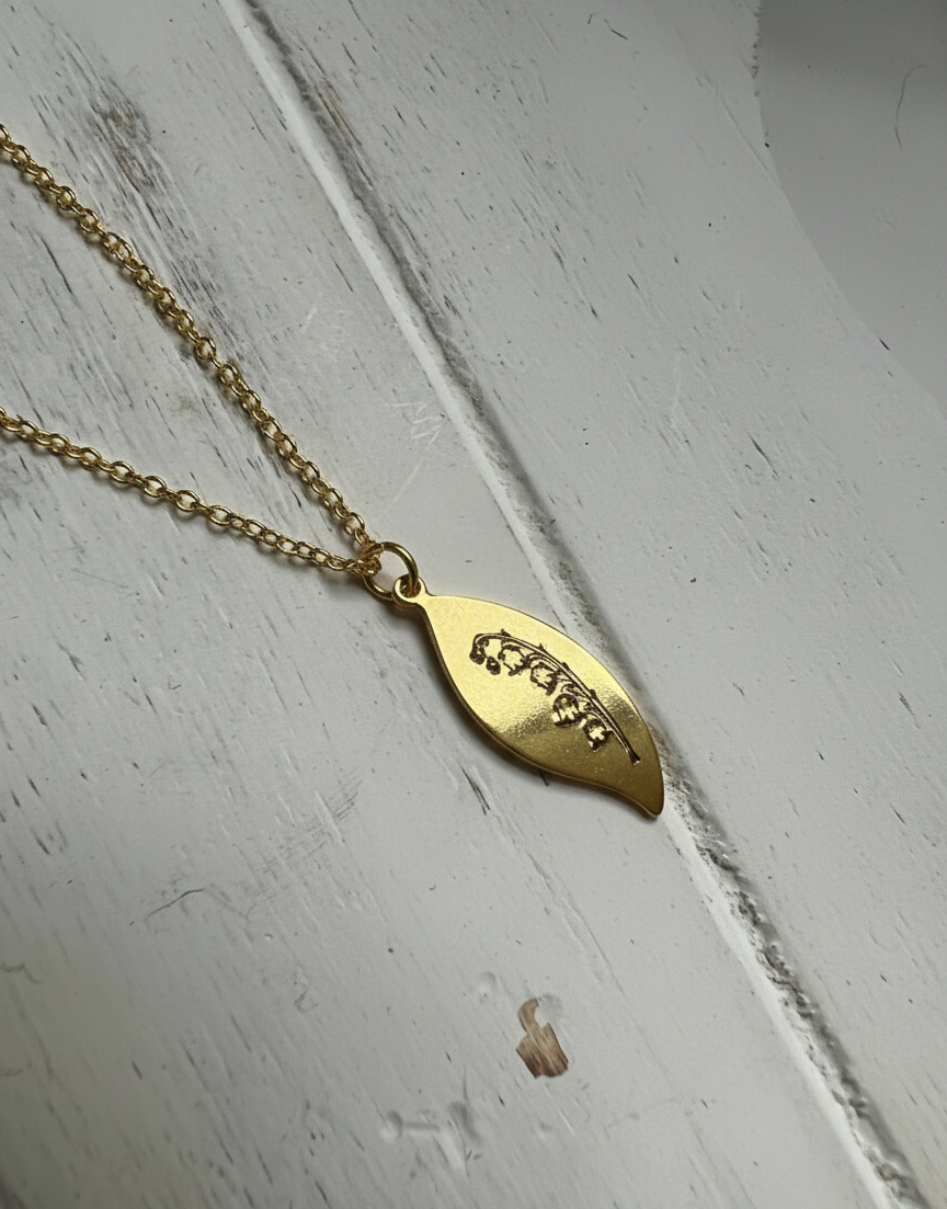 Handmade Lily of the Valley Spring Flower Necklace Pendant Leaf Shaped Plate Metal Silver Gold