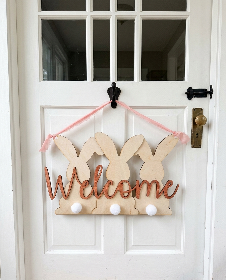 Wooden Welcome Bunny Sign - Rustic Easter Door Hanger with Cotton Tails and Pink Ribbon - 3D Layered Spring Home Decor
