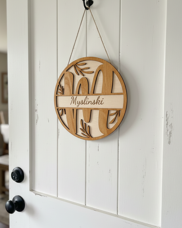 Name Letter Wood Door Sign Wall Sign Botanical Leaves Boho Farmhouse Personalized Custom Family Name Housewarming Sign