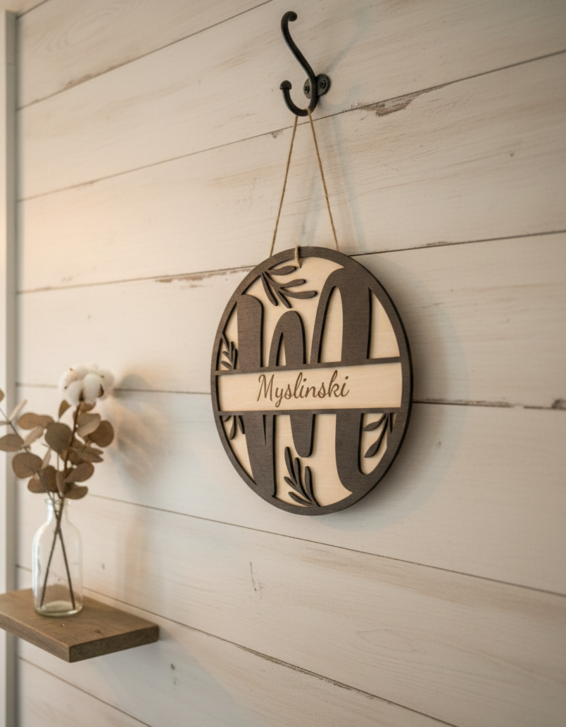 Name Letter Wood Door Sign Wall Sign Botanical Leaves Boho Farmhouse Personalized Custom Family Name Housewarming Sign