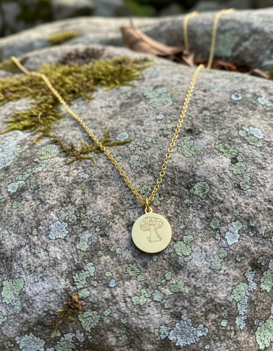 Mushroom Necklace Pendant Handstamped Engraved Circle Coin SIlver Gold Metal Handmade Fungi