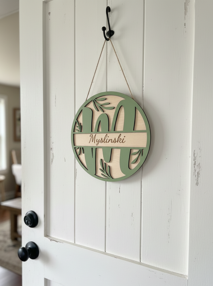 Name Letter Wood Door Sign Wall Sign Botanical Leaves Boho Farmhouse Personalized Custom Family Name Housewarming Sign