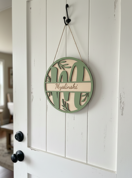 Name Letter Wood Door Sign Wall Sign Botanical Leaves Boho Farmhouse Personalized Custom Family Name Housewarming Sign