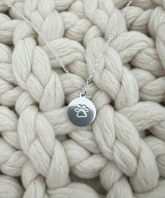 Dog Cat Paw Pet Mom Necklace Circle Coin Disc Engraved Etched Handmade Personalized Stamped Custom Metal Gold Silver