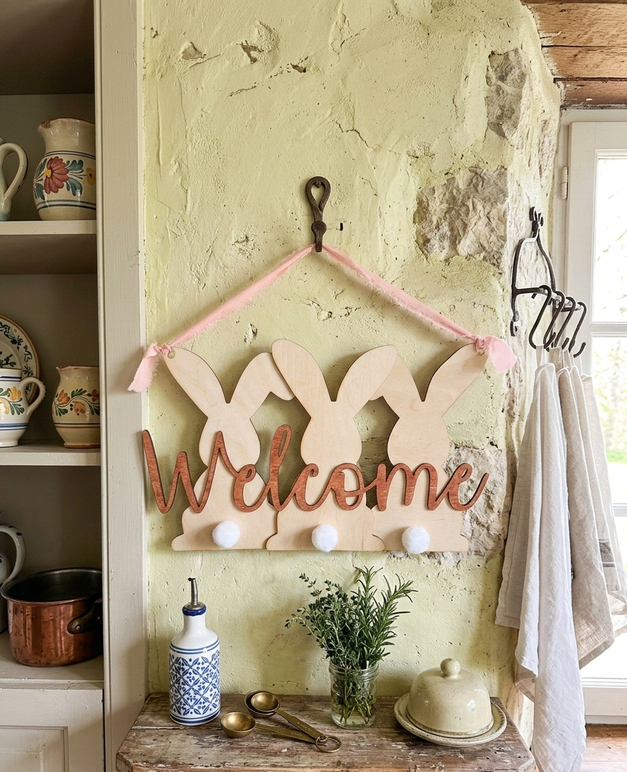 Wooden Welcome Bunny Sign - Rustic Easter Door Hanger with Cotton Tails and Pink Ribbon - 3D Layered Spring Home Decor