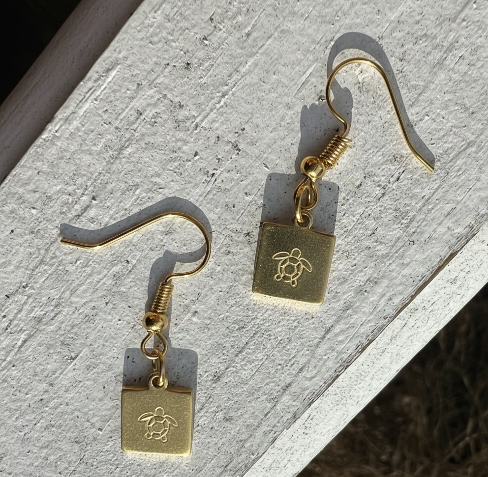 Handmade Sea Turtle Tortoise Tiny Dainty Dangle Earring Square Stamped Etched Metal Gold Silver Minimalist