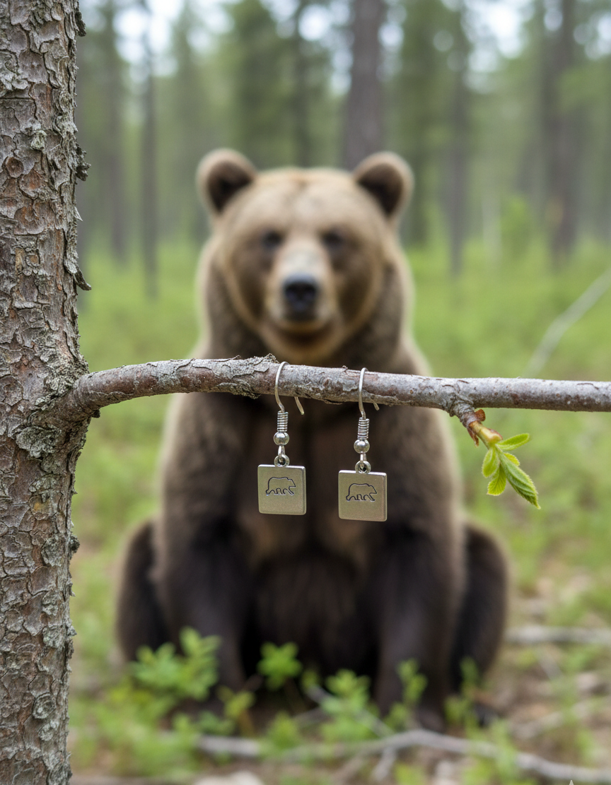 Grizzly Brown Mama Bear Earrings Small Dainty Simple Square Dangle Drop Simple Gold Silver Stamp Etched Handmade Engraved