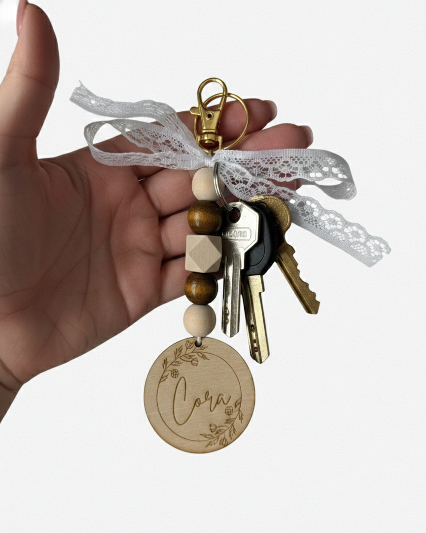 Wood Bead Name Keychain Personalized Bag Tag Charm Car Mirror Floral Botanical Lace Boho