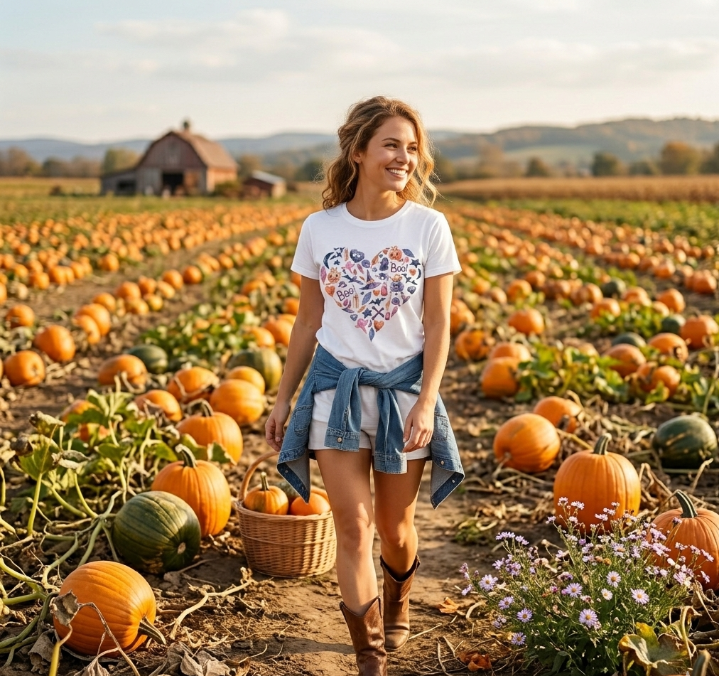 Halloween Fall Autumn Witch Leaves Pumpkin Heart Ghost Boo Watercolor Comfort Crew Neck T-Shirt