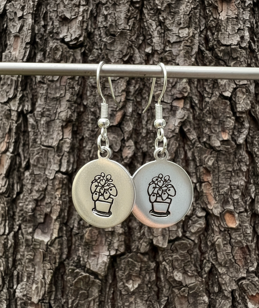 Houseplant Dangle Earrings Money Plant In a Pot Metal Silver Gold Hand Stamped Circle Coin DiscHandmade