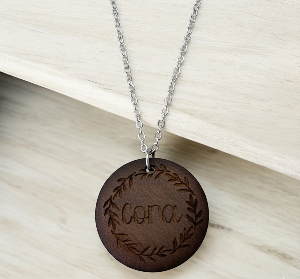 Engraved Wood Walnut Name Pendant Necklace Wreath Personalized Floral Flower Circle Disc Pendant Gold Silver