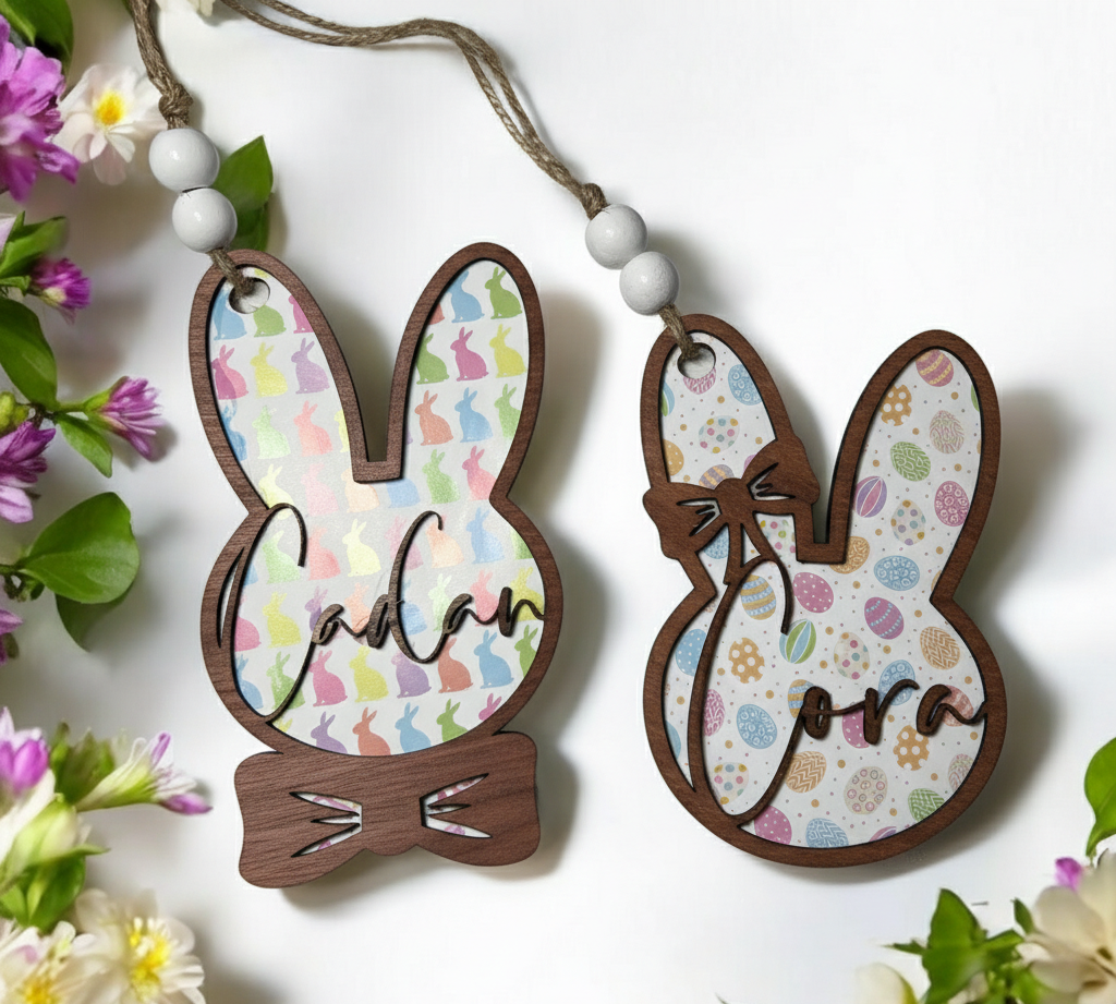 Easter Basket Tag Wood Bunny Egg Pastel Personalized Bows Carrot Gift Spring
