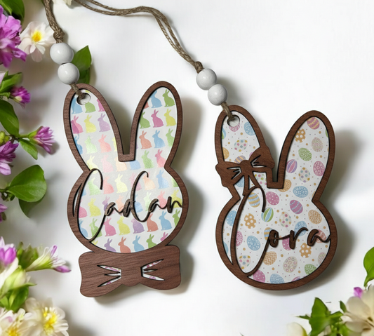 Easter Basket Tag Wood Bunny Egg Pastel Personalized Bows Carrot Gift Spring