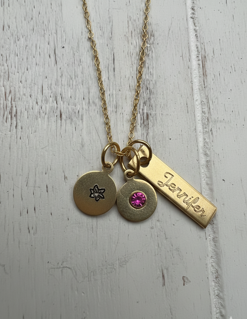 Birthflower Birthstone Name Necklace Personalized Custom Silver Gold Metal Charm Mother Mom Mama Grandmother Grandma