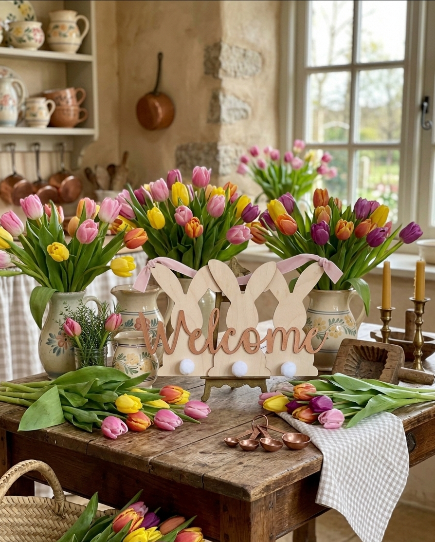 Wooden Welcome Bunny Sign - Rustic Easter Door Hanger with Cotton Tails and Pink Ribbon - 3D Layered Spring Home Decor
