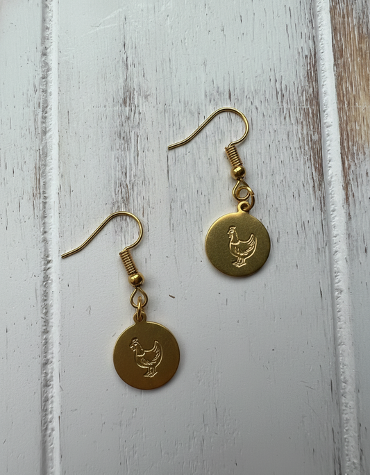Chicken Earring Mama Mom Coin Circle Disc Dangle Drop Simple Gold Silver Stamp Etched Engraved Handmade