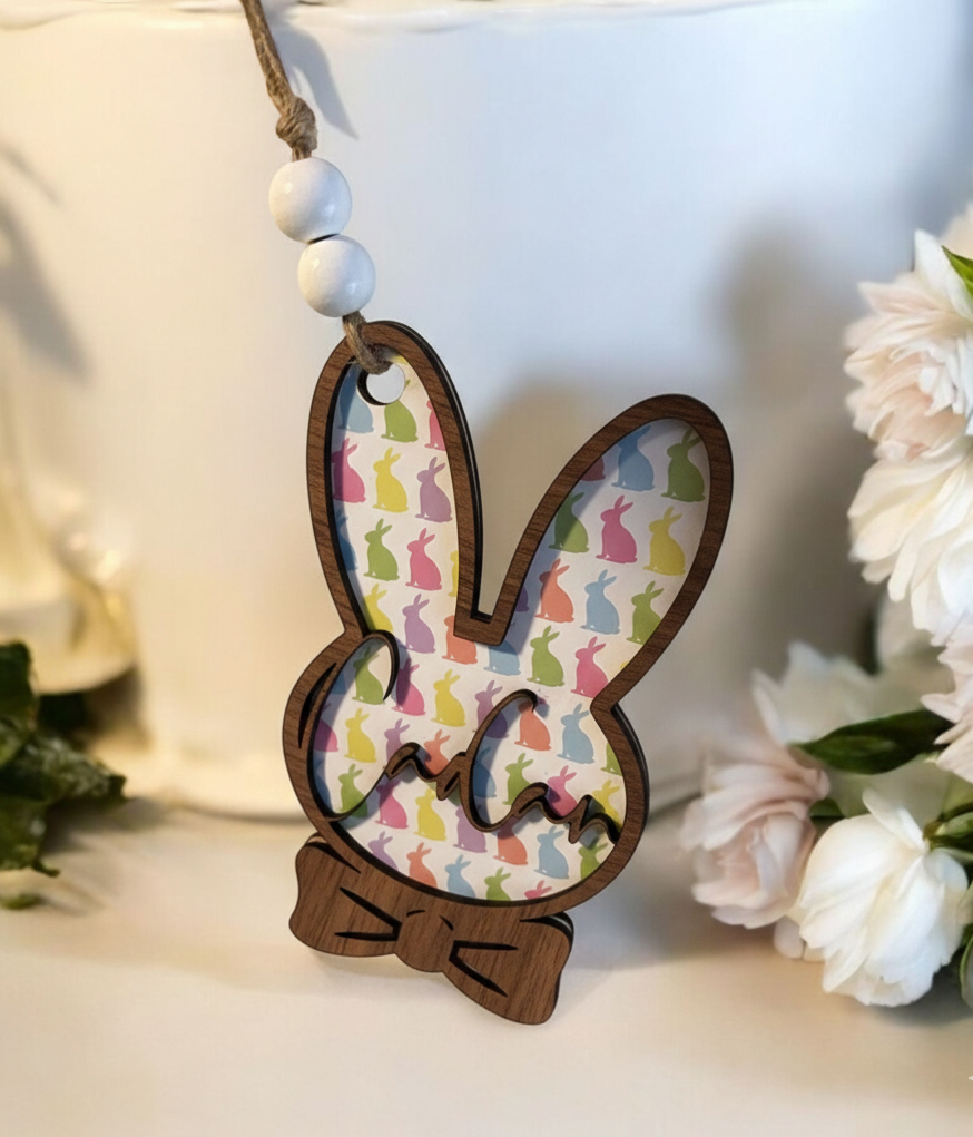 Easter Basket Tag Wood Bunny Egg Pastel Personalized Bows Carrot Gift Spring