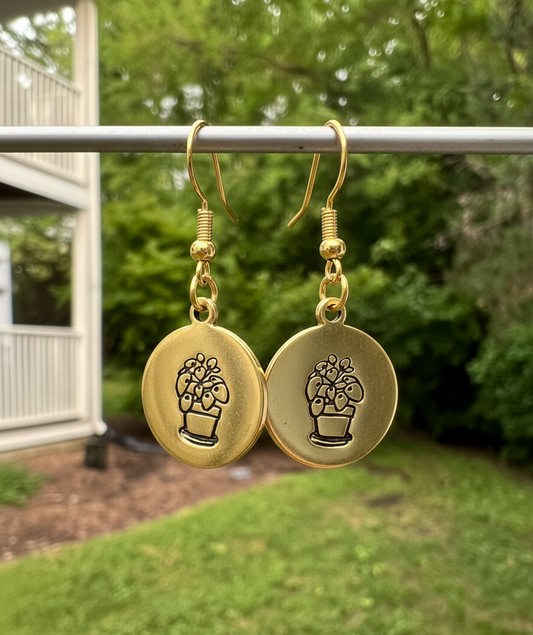 Houseplant Dangle Earrings Money Plant In a Pot Metal Silver Gold Hand Stamped Circle Coin DiscHandmade