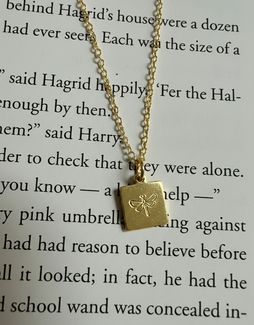 Firefly Dragonfly Tiny Pendant Necklace Handmade Minimalist Square Plate Silver Gold Stamped Engraved