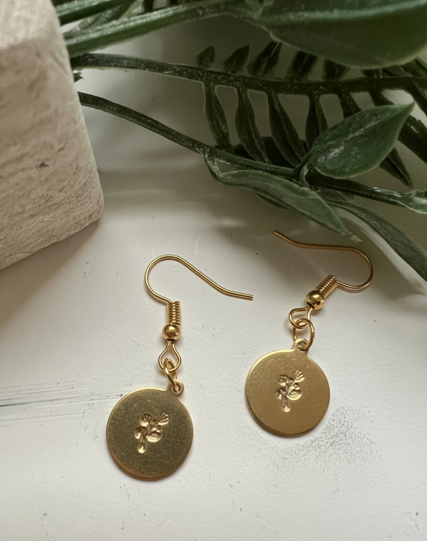 Flower Plant Tulip Rose Earring Coin Circle Disc Dangle Drop Simple Gold Silver Stamp Etched Engraved