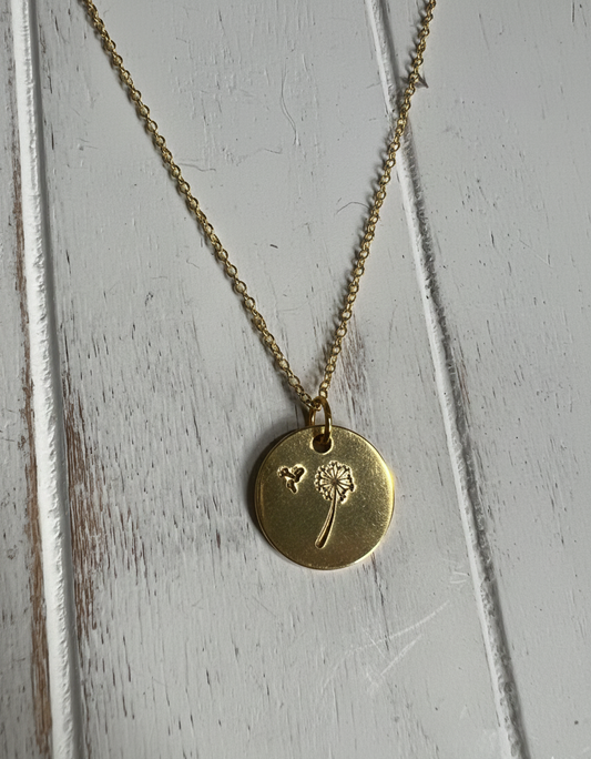 Dandelion Flower Pendant Necklace Metal Round Disc Coin Silver Gold Stamped Jewelry Metal Engraved