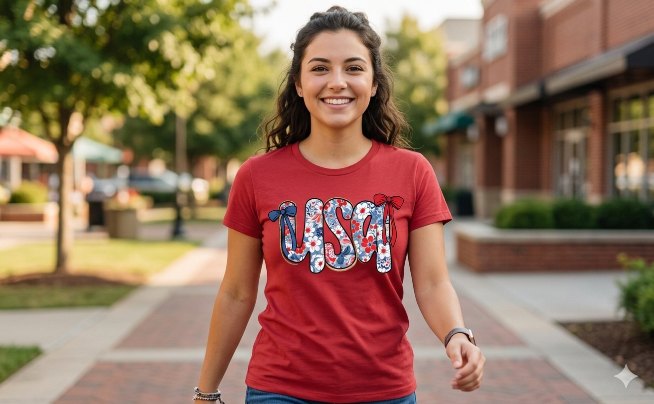 USA Floral Graphic Tee - Patriotic Red T-Shirt with Coquette Bows - 4th of July Summer Outfit - Americana Flowers Top