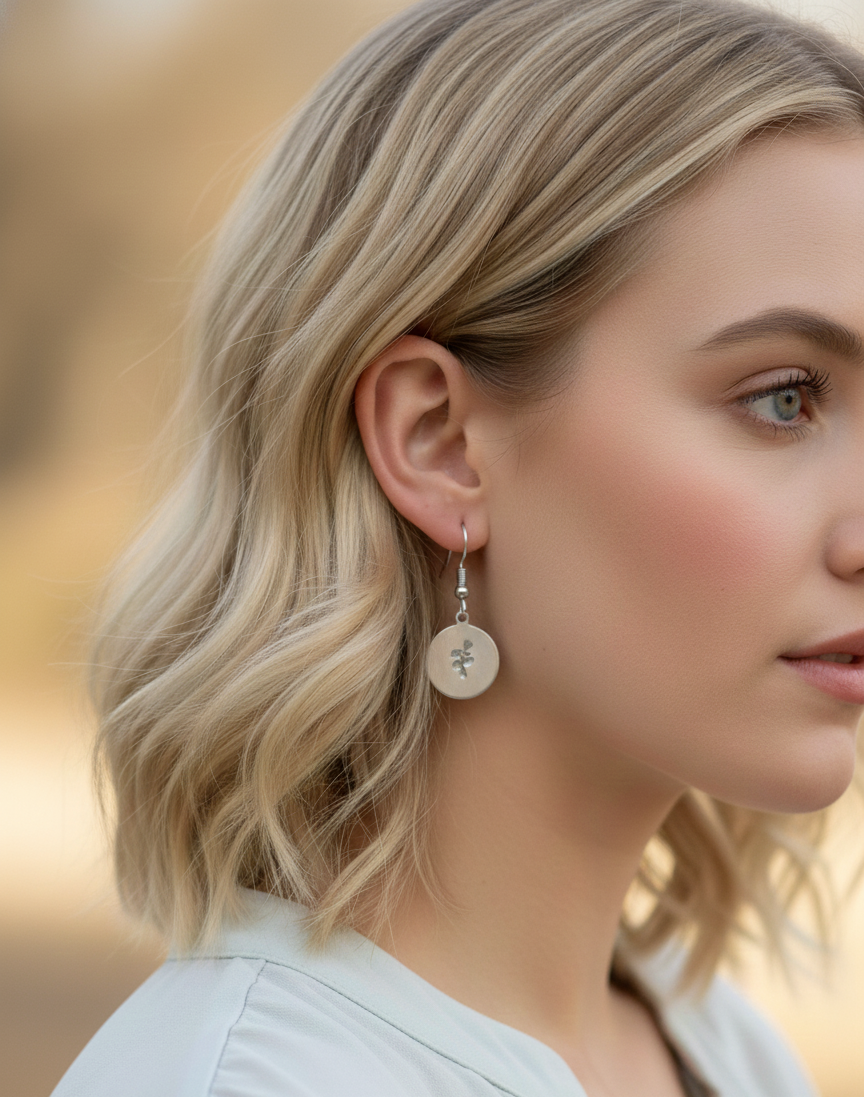 Flower Plant Tulip Rose Earring Coin Circle Disc Dangle Drop Simple Gold Silver Stamp Etched Engraved