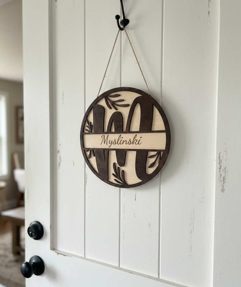 Name Letter Wood Door Sign Wall Sign Botanical Leaves Boho Farmhouse Personalized Custom Family Name Housewarming Sign